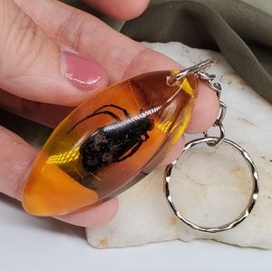 SALE Keychain Faux Honey Clear Nugget Amber with Bug Fossil Pendant Chain